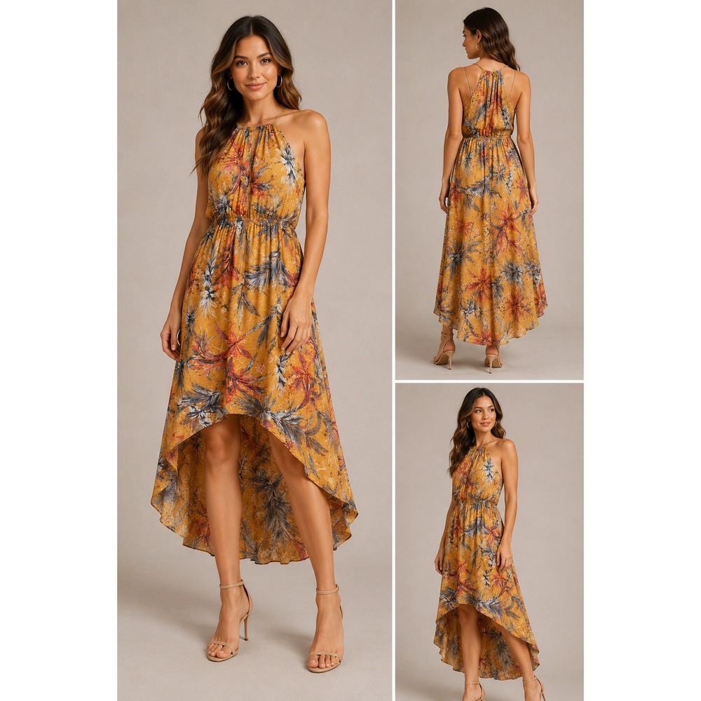 Mlle Gabrielle 1X Mustard Yellow Tropical Floral High Low Halter Maxi Dress